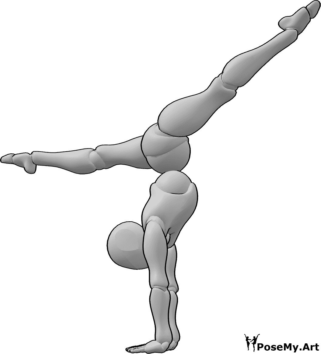 Pose Reference- Handstand front split pose - Female is standing on her hands and doing a front split