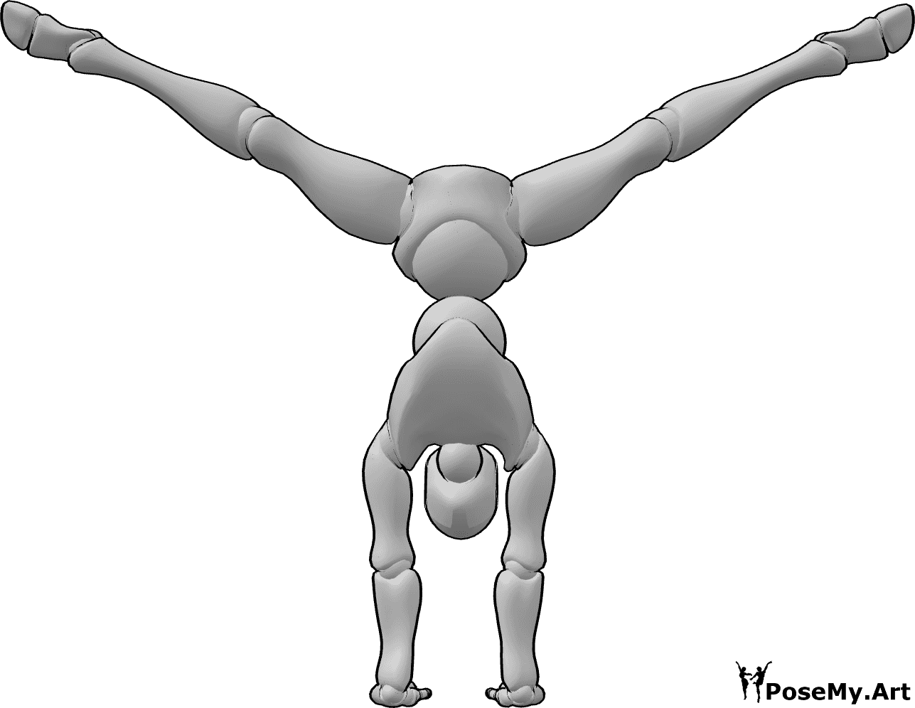 Pose Reference- Handstand side split pose - Female is standing on her hands and doing a side split