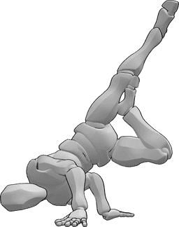 Riferimento alle pose- Posa della verticale di breakdance - L'uomo balla la breakdance e fa la verticale con la gamba sinistra dritta.