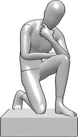 Référence des poses- Pose du mannequin pour une réflexion approfondie - Pose d'un mannequin masculin à genoux et en pleine réflexion