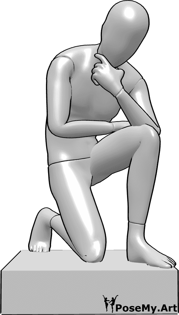 Pose Reference- Deep thinking mannequin pose - Kneeling and deep thinking male mannequin pose