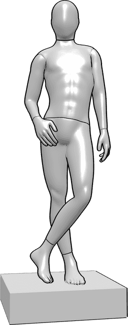 Référence des poses- Pose d'un mannequin masculin décontracté - Le mannequin est debout, les jambes croisées, la main droite dans la poche.
