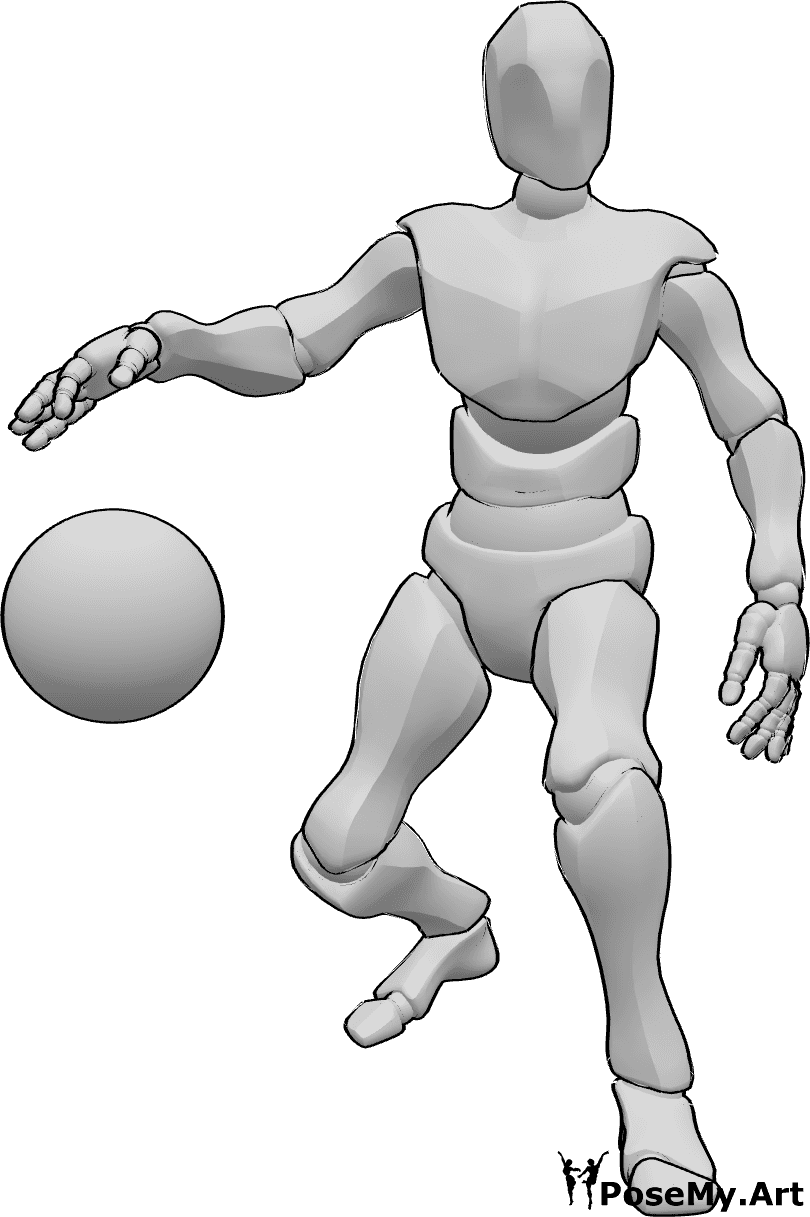 Pose Reference- Dribbling basketball pose - Male is standing and dribbling basketball with right arm