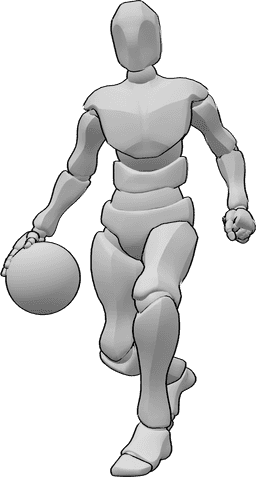 Référence des poses- Pose de basket-ball en course - L'homme court avec le ballon de basket et joue au basket.