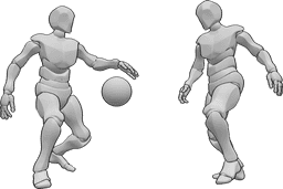 Référence des poses- Deux hommes posent pour le basket-ball - Deux hommes jouent au basket-ball, l'un d'eux dribble le ballon.