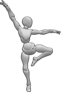 Posen-Referenz- Weibliche Tanzpose linkes Bein angehoben - Weibliche Tanzpose auf den rechten Zehen mit angehobenem linken Bein