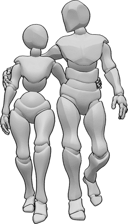 Referência de poses- Casal giro em pose de passeio - Um casal giro caminha junto, abraça-se e olha-se