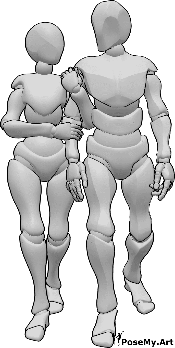 Pose Reference- Arm holding walking pose - Couple is walking together, the female is holding the male's arm