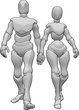 Posen-Referenz- Selbstbewusstes Paar in Geh-Pose - Das Paar geht selbstbewusst zusammen und hält sich an den Händen