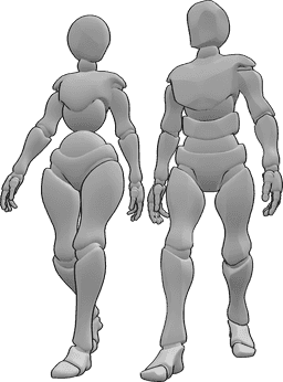 Referencia de poses- Postura informal de pareja caminando - Pareja caminando despreocupadamente, mujer y hombre uno al lado del otro