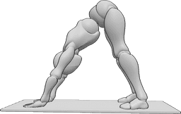 Posen-Referenz- Gerade Beine Hände Yoga-Pose - Frau macht Yoga auf der Yogamatte, Hände und Füße auf der Yogamatte