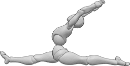 Referencia de poses- Postura frontal femenina - Una mujer hace una postura de yoga de frente mientras mira hacia arriba y levanta las manos.