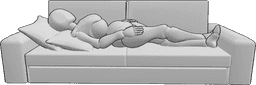 Posen-Referenz- Schlafender Rücken Sofa-Pose - Die Frau liegt auf dem Rücken mit gekreuzten Beinen und schläft auf dem Sofa