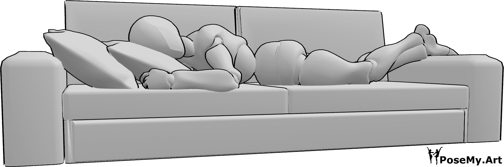 Pose Reference- Sleeping stomach sofa pose - Female is lying on her stomach, sleeping on sofa