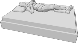 Posen-Referenz- Schlafende gekreuzte Beine Pose - Das Männchen liegt auf dem Rücken mit gekreuzten Beinen und schläft im Bett