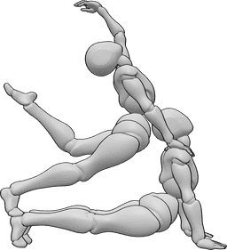 Referencia de poses- Dos acrobáticas mujeres posan - Dos hembras acrobáticas realizan juntas una pose acrobática