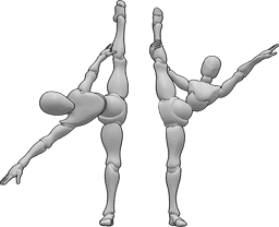 Referência de poses- Pose de abertura lateral em pé - Duas mulheres fazem uma abertura lateral em pé