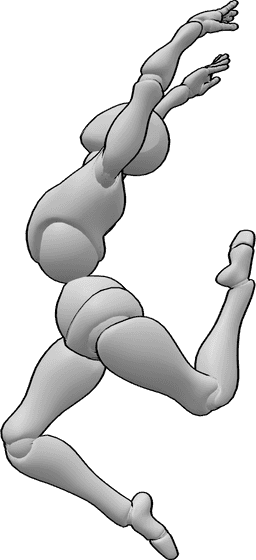 Referência de poses- Pose de salto acrobático feminino - A fêmea está a realizar um salto acrobático no ar