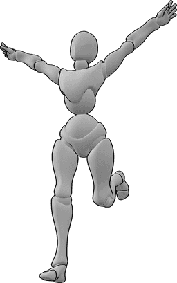 Riferimento alle pose- Posa femminile di corsa felice - La femmina corre felice con le mani in alto