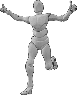 Posen-Referenz- Männliche glückliche Laufpose - Das Männchen rennt fröhlich, jubelt und zeigt den Daumen hoch