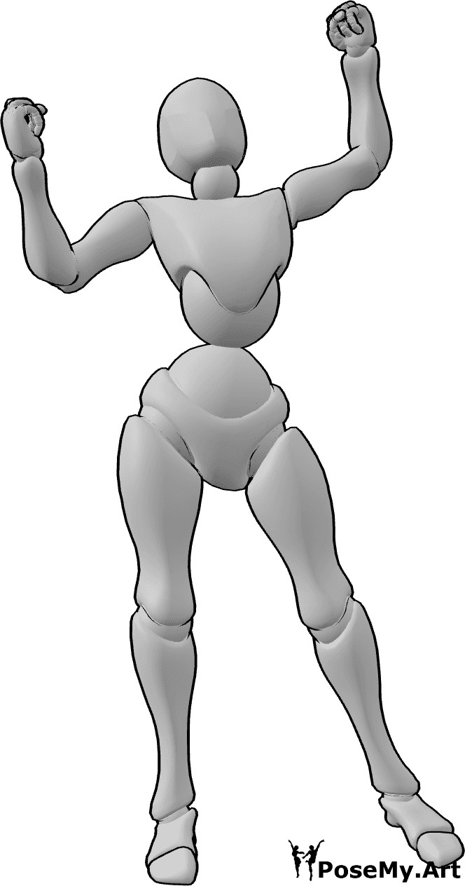 Pose Reference- Female happy standing pose - Female is standing and celebrating, happily shaking her fists and looking up