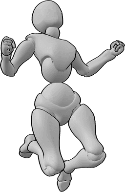 Référence des poses- Femme heureuse en train de sauter - La femelle saute joyeusement, les poings serrés, en regardant vers le haut.