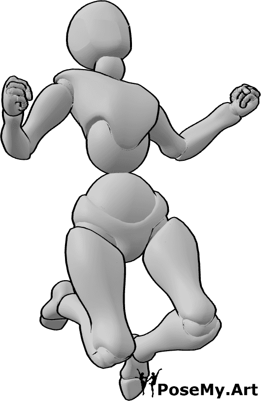Pose Reference- Female happy jumping pose - Female is jumping happily with clenched fists and looking up