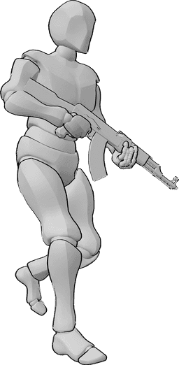 Posen-Referenz- Männliche Laufwaffen-Pose - Männchen läuft mit einem Gewehr, hält es mit beiden Händen und schaut nach vorne