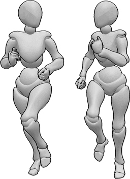 Referência de poses- Mulheres em pose de jogging - Duas mulheres estão a correr juntas e olham uma para a outra
