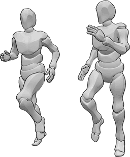 Référence des poses- Pose de jogging pour les hommes - Deux hommes font du jogging l'un à côté de l'autre et regardent vers l'avant.
