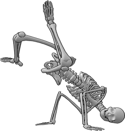 Referência de poses- Pose de breakdance do esqueleto - O esqueleto está a fazer breakdance no chão e a posar com as pernas cruzadas no ar