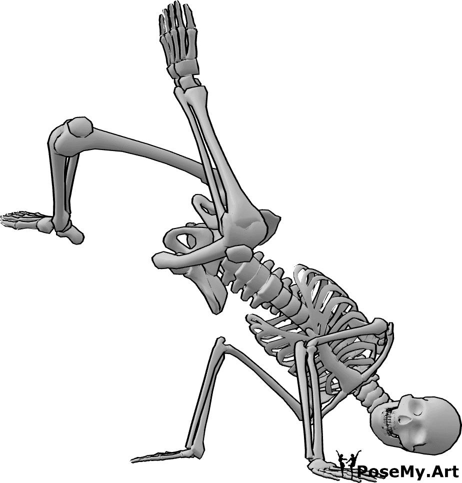 Pose Reference- Skeleton breakdance pose - Skeleton is breakdancing on the ground and posing with crossed legs in the air
