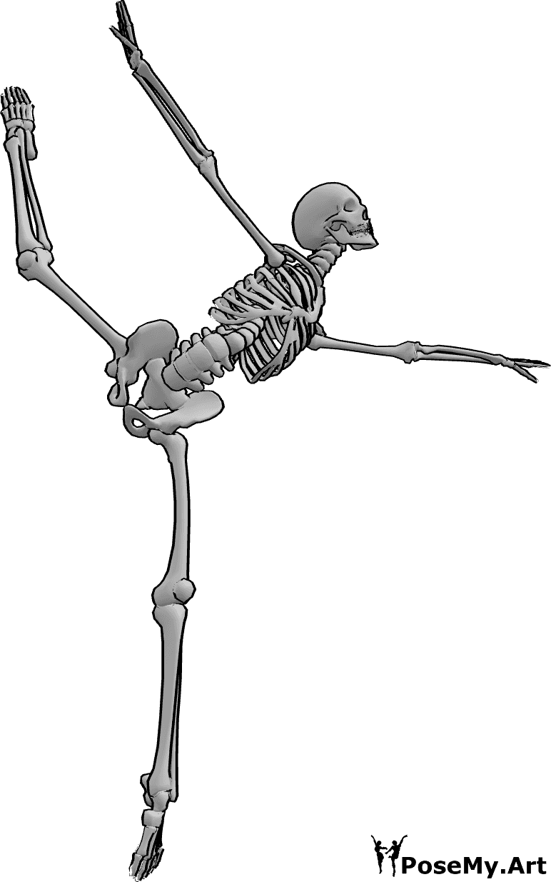 Pose Reference- Acrobatic ballet jump pose - Skeleton is performing an acrobatic ballet jump with a front split