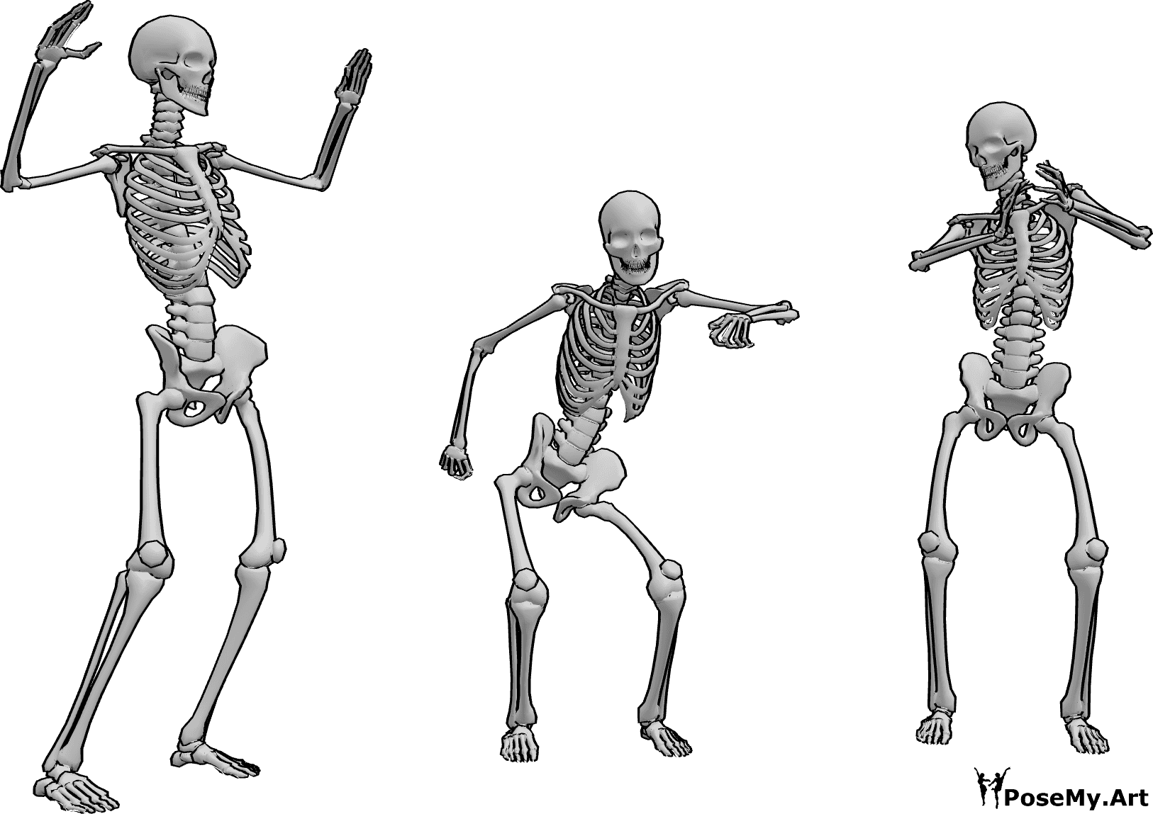 Pose Reference- Skeletons chicken dance pose - Three skeletons are dancing the chicken dance