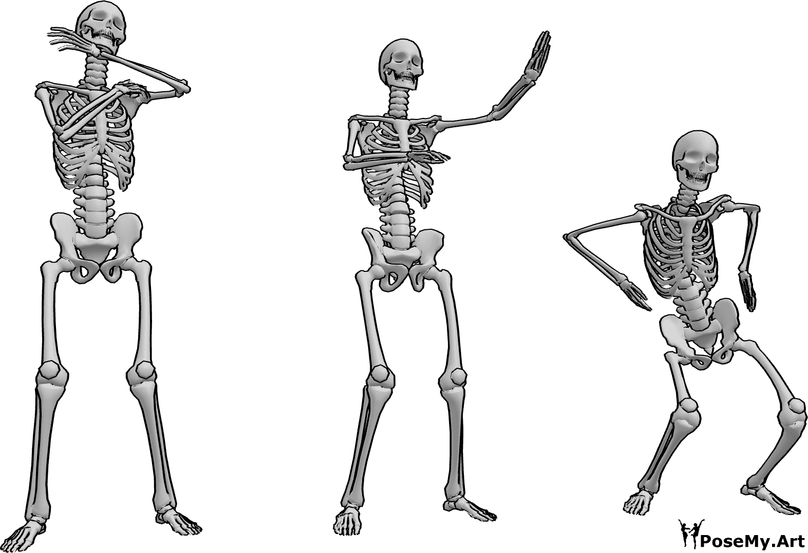 Pose Reference- Skeleton macarena pose - Three skeletons are dancing the macarena