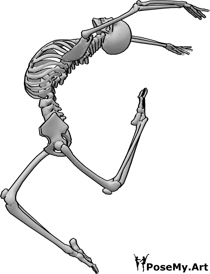 Pose Reference- Skeleton acrobatic jump pose - Skeleton is performing an acrobatic dance jump in the air