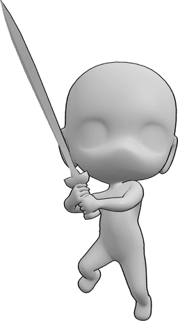 Posen-Referenz- Chibi-Schwert-Sprung-Pose - Chibi springt, während er ein griechisches Schwert mit zwei Händen hält