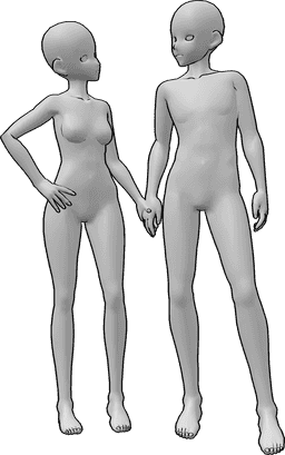 Posen-Referenz- Anime Paar stehend Pose - Anime weibliches und männliches Paar steht, hält sich die Hände und schaut sich gegenseitig an