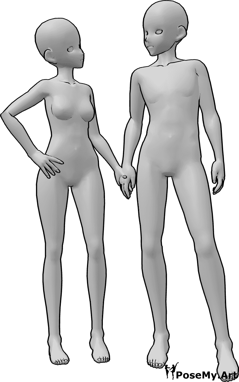Pose Reference- Anime couple standing pose - Anime female and male couple is standing, holding hands and looking each other
