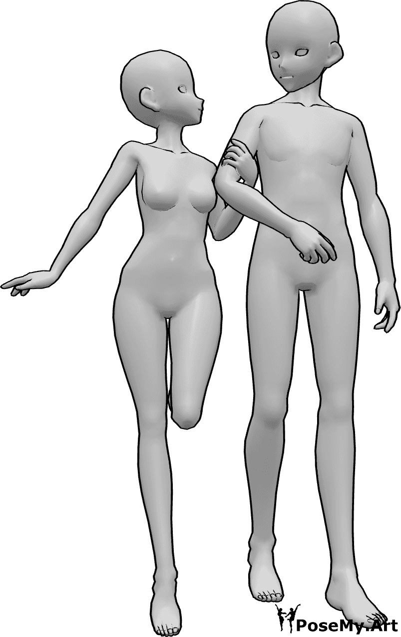 Pose Reference- Anime holding arm pose - Anime female and male couple is standing, happy female is holding the male's arm