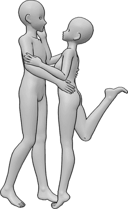 Riferimento alle pose- Posa romantica di abbraccio in stile anime - Una donna e un uomo si abbracciano, la donna accarezza il viso dell'uomo.