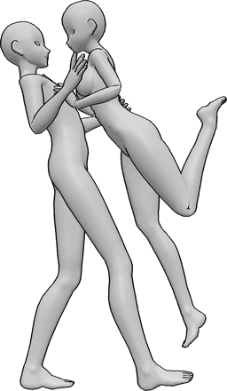 Référence des poses- Pose de l'étreinte surprise de l'anime - Couple d'animaux, la femelle surprend le mâle avec un câlin sautillant.