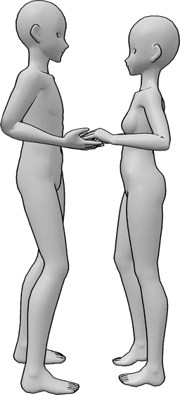 Referencia de poses- Anime romántica pose de pareja - Pareja de anime en un momento romántico, cogidos de la mano y mirándose a los ojos.