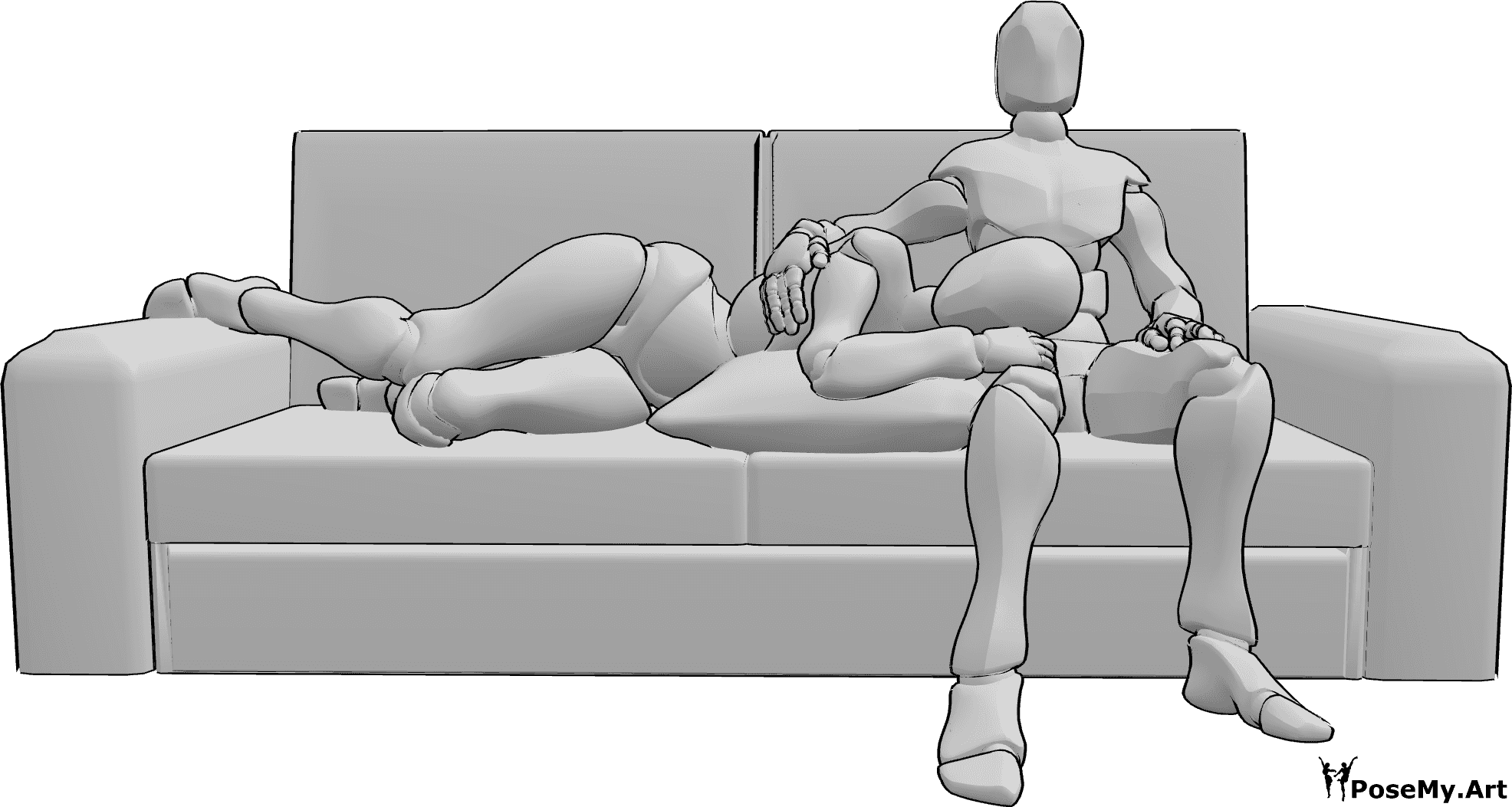 Pose Reference- Watching TV together pose - Female and male couple is watching TV together on the sofa, female is lying on the male