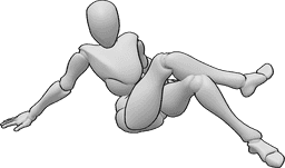 Referência de poses- Mulher em pose deitada com as pernas cruzadas - Mulher deitada numa pose gira com pernas e braços cruzados a apoiar