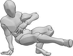 Referência de poses- Pose de pés no chão - Homem está a dançar breakdance, de pé sobre a mão direita, pose de trabalho de pés no chão