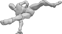Référence des poses- Pose fractionnée en équilibre sur les mains - L'homme réalise un ATR simple et se fend en l'air avec la main gauche sur la hanche.