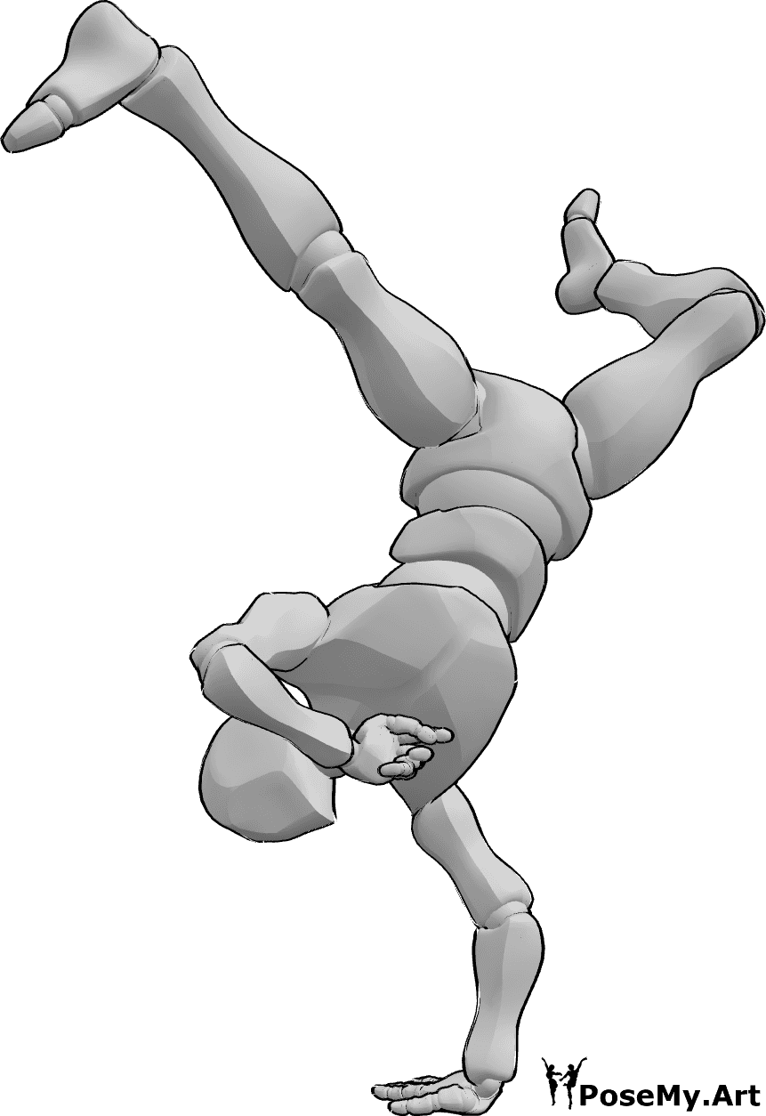Pose Reference- Breakdance handstanding leg pose - Male breakdancer is performing a right handstand leg freezing pose