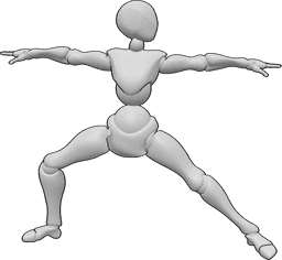 Posen-Referenz- Weibliche Yoga-Pose - Fitness-Frau macht Yoga, steht mit erhobenen Armen und schaut nach links