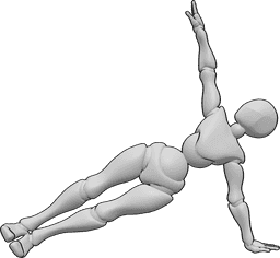 Referencia de poses- Postura de plancha lateral - Mujer en forma está haciendo plancha lateral con la mano derecha levantada y mirando hacia arriba